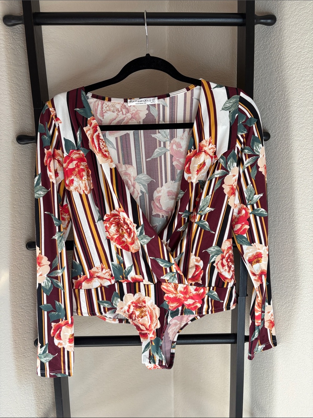 NanaMacs Burgundy Floral Stripe V-Neck Long Sleeve Bodysuit
